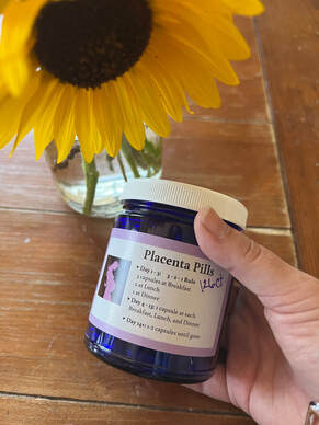 A hand holding a bottle of placenta pills